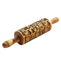 Engraved wooden rolling pin with festive holiday cookie dough embossing patterns for baking