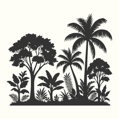 Tropical jungle silhouette with tall palm trees and dense vegetation creating a lush exotic scene.