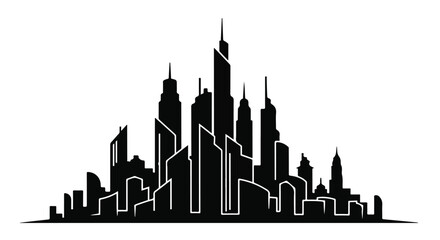 Obraz premium Modern city skyline silhouette against a bright white background, representing urban development and ambition.