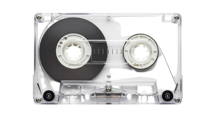 Isolated cassette tape with music on rewind, a vintage audio recording device for music albums