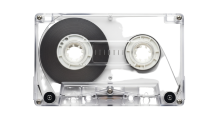 Isolated cassette tape with music on rewind, a vintage audio recording device for music albums