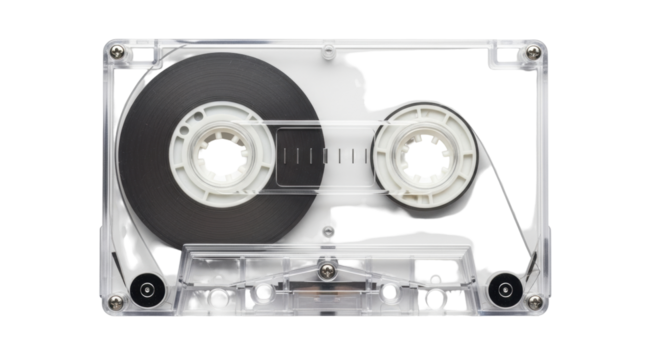 Isolated cassette tape with music on rewind, a vintage audio recording device for music albums