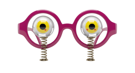 Isolated silly wacky glasses, pink eyeglasses with googly eyes, comedic eye accessory