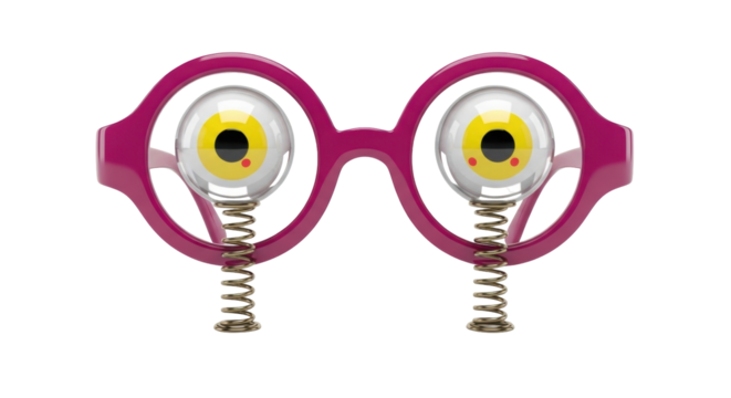 Isolated silly wacky glasses, pink eyeglasses with googly eyes, comedic eye accessory