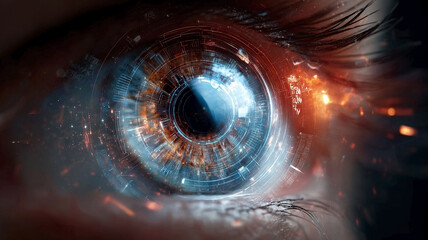 A close-up of a human eye looking into virtual reality. A futuristic human eye with digital interface technology. An eye with augmented reality. Computer technology reflected in the human gaze