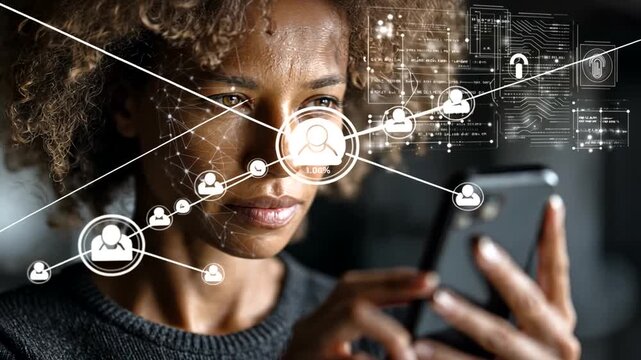 Woman using smartphone with digital data and virtual technology interface close-up - Powered by Adobe