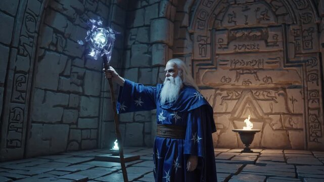 A mystical wizard in a stone chamber, captured from a low-angle. The video evokes a fantasy atmosphere with ancient runes and glowing staff.