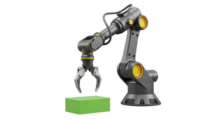 Isolated robotic arm reaching for a green box in industrial automated manufacturing concept