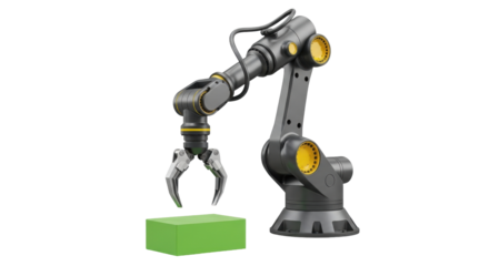 Isolated robotic arm reaching for a green box in industrial automated manufacturing concept