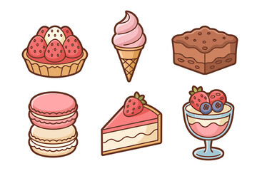 Set of cute cartoon style desserts strawberry cake macaron ice cream and pastries