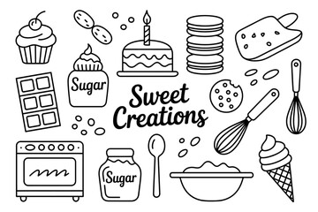 Whimsical baking and dessert elements collection for sweet creations art and design