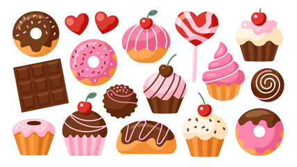 Delicious sweet treats collection adorable cartoon desserts donuts cupcakes chocolates and candies