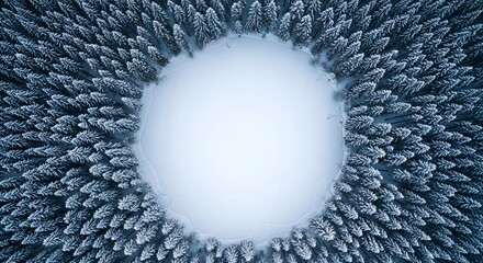 Aerial view of winter forest and frozen lake landscape snow covered trees