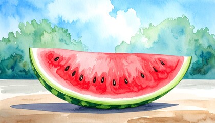 Watercolor slice of watermelon on a sunny day