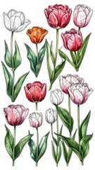 Watercolor tulips in various colors