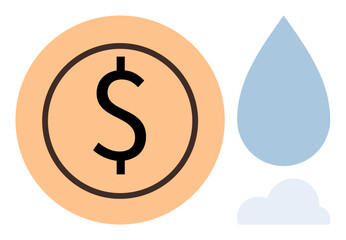 Dollar symbol inside orange circle, blue water droplet, and cloud. Ideal for finance, sustainability, environmental conservation, renewable resources, water usage eco-economy climate change. Simple