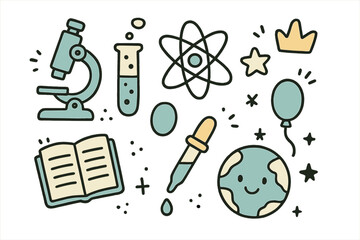 Science Doodle Icons. Science doodle icon set: hand drawn icons of microscope, test tube, atom, crown, star, balloon, notebook,