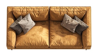 Overhead shot of a luxurious, mustard-yellow, leather sofa with four gray throw pillows, set against a pure white background