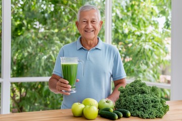 Senior Man Holding Green Smoothie with Kale and Apples