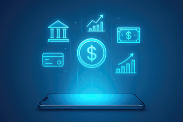 Smartphone Displaying Financial Icons and Dollar Coin Hologram mobile phone technology