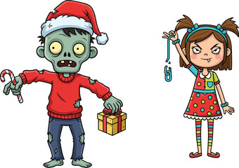 Zombie Santa with candy cane and Christmas gift beside playful girl in colorful dress holding jump rope, cad drawing flat vector illustration