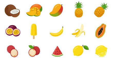 A grid of fifteen tropical fruit illustrations in three rows