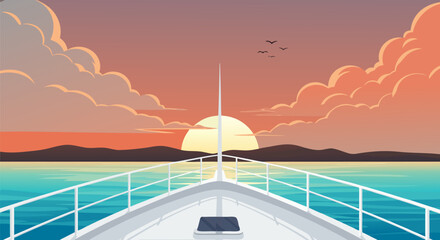 Serene vector illustration of a boat's journey towards a radiant sunset on calm ocean, depicting tranquil sea travel and a beautiful horizon