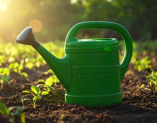 Watering can in a garden at sunrise
