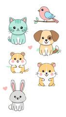 Fototapeta premium Adorable cartoon animal collection of cat, dog, bird, rabbit and hamster friends for kids designs