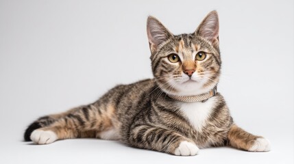 Studio portrait of a sitting tabby cat looking forward against a white back ground