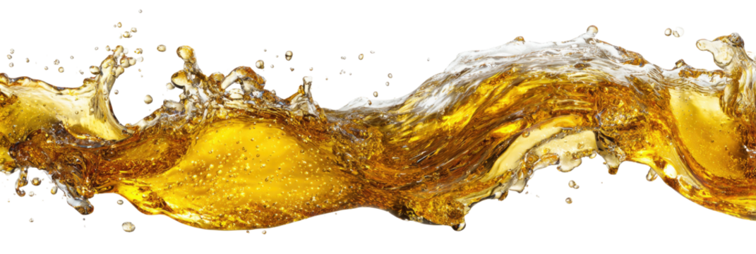 Golden liquid splashes in a dynamic flow against a black background