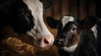 A mother cow and her calf touch noses tenderly in the soft light of a rustic barn showcasing a bond of natural affection