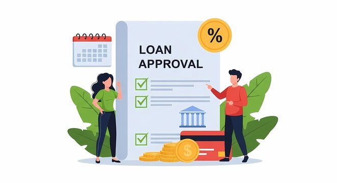 People standing next to an official document for finance assistance showing successful mortgage processing with interest rates and money piles as characters represent banking service and client