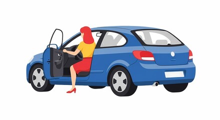 Naklejka premium A woman driving a blue car getting ready to depart to her workplace while wearing a colorful outfit for business travel commuters commuting daily to reach their destination by personal vehicle