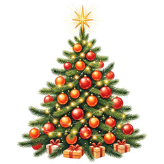 Festively decorated christmas tree with gifts and glowing star topper sparkles bright