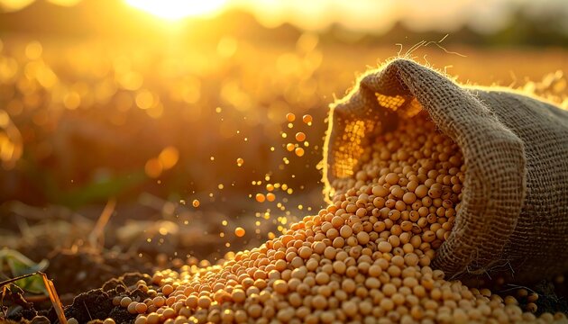 Golden hour illuminates a spilled bag of soybeans in a field. The rustic sack is tipped, scattering seeds