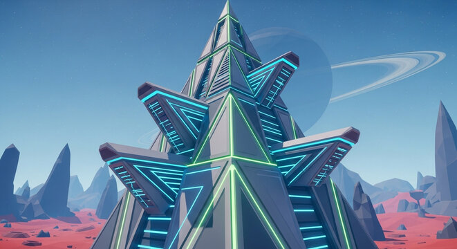 Futuristic pyramid architecture on alien planet with rings, scifi building and landscape design