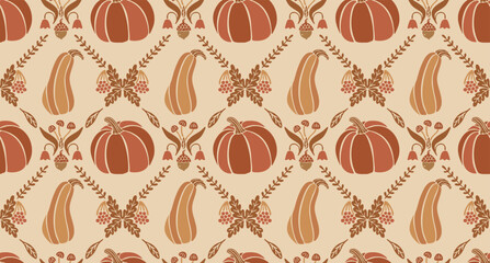 Vintage seamless pattern with pumpkins and autumn elements. Trendy print in folk style for fabric, wrapping paper and thanksgiving design