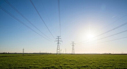 Transmission towers traverse a field under a bright sky