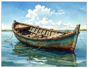 Obraz premium Watercolor painting of an old fishing boat on calm water