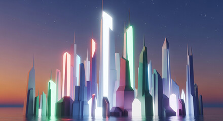 Futuristic city skyline at night with glowing skyscrapers and colorful lights abstract illustration