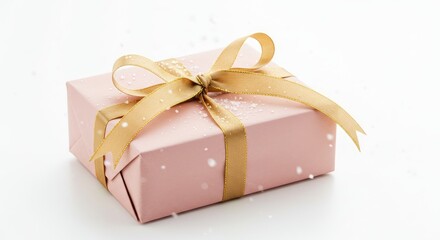 Pink gift box with golden ribbon isolated on white background