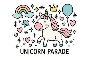 Unicorn Parade Doodle. Unicorn parade illustration doodle style: hand drawn unicorn with smile, rainbow, crown, star, balloon,
