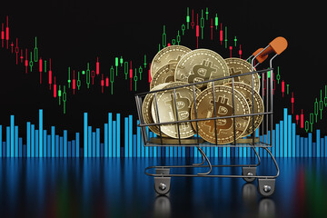 A supermarket trolley full of golden bitcoins on a black reflective surface in front of a candlestick chart and a volume bar chart. Illustration of investment and price changes of cryptocurrencies