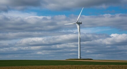 Fototapeta premium Wind turbine against a blue sky with fluffy clouds over golden fields