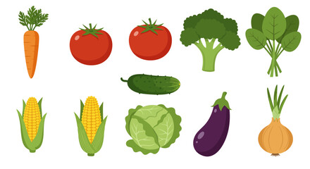 Ten different vegetables arranged in two rows against a white background