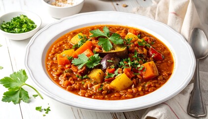Delicious and Healthy Lentil Soup with Fresh Vegetables on a White Plate