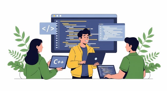 Software Developers Team Coding Collaboration - Programming Code on Computer Screen
