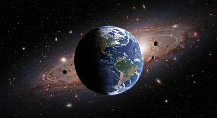 Planet earth in space realistic globe with galaxy background