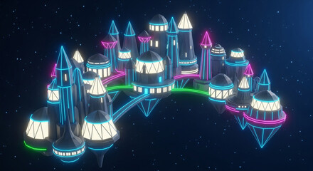Futuristic neon city in space glowing sci fi architecture digital art render fantasy world illustration